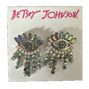 NWT Betsey Johnson Novelty Sparkly Iridescent Rhinestones Evil Eye Lash Earrings